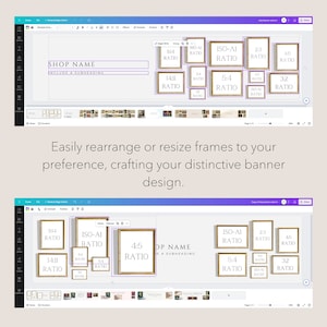 May include: A digital design interface showing a banner template with multiple gold-coloured picture frames labelled with various aspect ratios like 1:1, 2:3, 4:5, and ISO-A1. The workspace includes text fields for SHOP NAME and a subheading.