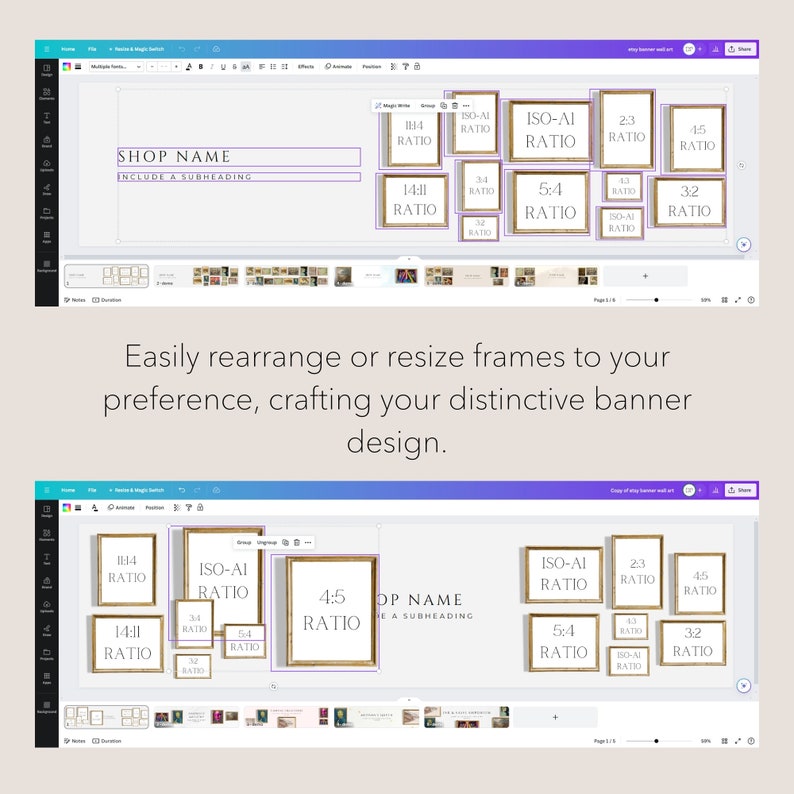 May include: A digital design interface showing a banner template with multiple gold-coloured picture frames labelled with various aspect ratios like 1:1, 2:3, 4:5, and ISO-A1. The workspace includes text fields for SHOP NAME and a subheading.
