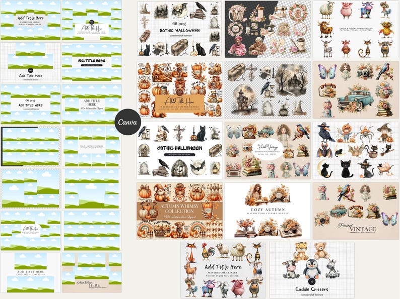 Puede incluir: Un collage digital de ilustraciones de acuarela con varios temas, incluyendo oto&ntilde;o, Halloween, acogedor, vintage y animales lindos. Las ilustraciones est&aacute;n en una variedad de colores, incluyendo marr&oacute;n, naranja, verde y azul. El texto "Agregar t&iacute;tulo aqu&iacute;" aparece en varias de las ilustraciones.