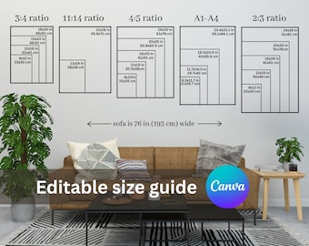 Könnte beinhalten: Eine weiße Wand mit einem Diagramm, das verschiedene Seitenverhältnisse für Bilder zeigt, darunter 3:4, 11:14, 4:5, A1-A4 und 2:3. Das Diagramm enthält Maße in Zoll und Zentimetern. Der Text "sofa is 76 in (193 cm) wide" steht unter dem Diagramm. Das Diagramm befindet sich an einer Wand in einem Wohnzimmer mit einem braunen Sofa, einem schwarzen Couchtisch und einer kleinen Pflanze auf einem Holz-Beistelltisch.