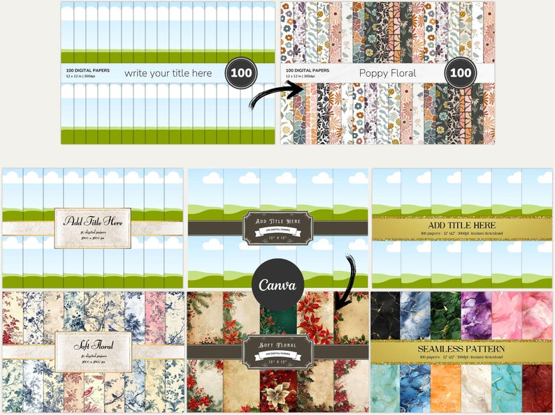 Puede incluir: Un conjunto de 300 papeles digitales en varios patrones y colores, incluyendo dise&ntilde;os florales, geom&eacute;tricos y abstractos. Los papeles miden 12 x 12 pulgadas y son perfectos para scrapbooking, creaci&oacute;n de tarjetas y otros proyectos de manualidades.