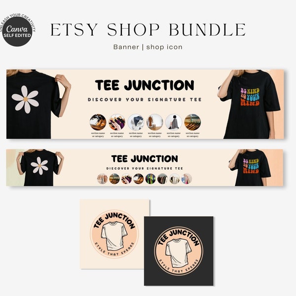May include: An Etsy shop bundle featuring banners and shop icons. The banners showcase black t-shirts with daisy and text graphics. The shop icons display a t-shirt design with the text "TEE JUNCTION" and "STYLE THAT SPEAKS". The phrase "INSTANT DOWNLOAD" is also visible.