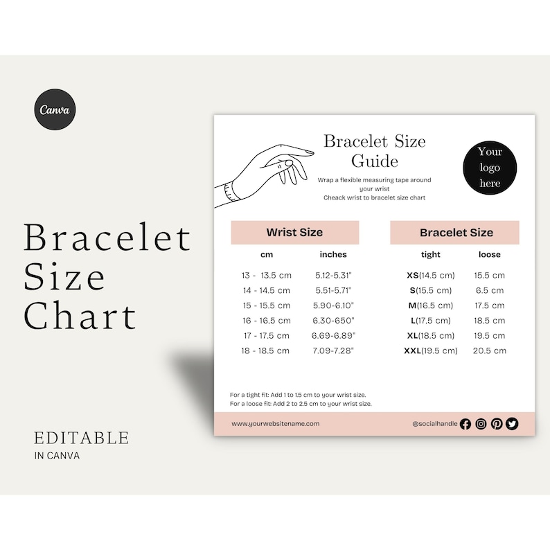 Bracelet Ruler Printable Free Pdf Editable Bracelet Size Chart Template: Jewelry Business Guide (canva ...