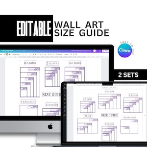 Guía de tamaños de arte de pared minimalista, dos conjuntos, Guía de tamaños de marco, Tabla de tamaños de carteles, Tabla de comparación, Conjunto de guías de tamaños de arte, Vertical y Horizontal