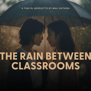 以下が含まれることがあります： 雨の中で傘の下で向かい合って立っている2人の人々の画像。タイトル「THE RAIN BETWEEN CLASSROOMS」が大きく太字で表示されています。「A THAI GL NOVELETTE BY MALI SUTHIDA」というテキストがタイトルの上にあります。