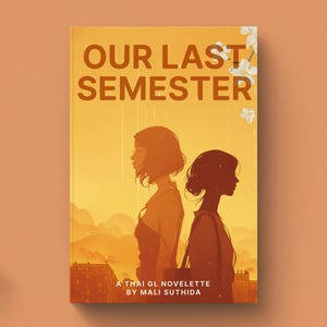 Pode incluir: Capa de livro com o título "OUR LAST SEMESTER" em letras grandes marrons. Duas silhuetas de mulheres são apresentadas em um fundo amarelo e laranja. O texto "A THAI GL NOVELLETTE BY MALI SUTHIDA" está na parte inferior.