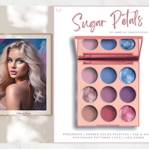 May include: A pink and peach eyeshadow palette with nine different shades. The palette is called "Sugar Petals" and is by Amelia Candyfleur. The palette is designed for use with Procreate and Adobe.