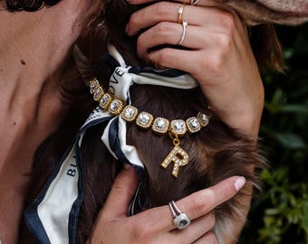 Personalized Dog Collar: Gold Cuban Chain with Rhinestone Letter Pendant