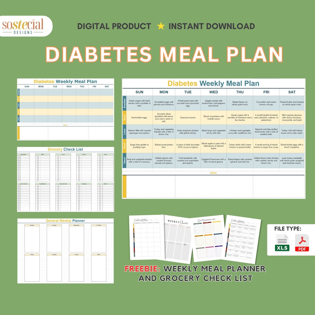 Diabetes Week Planner With Meal Suggestions and Grocery Etsy