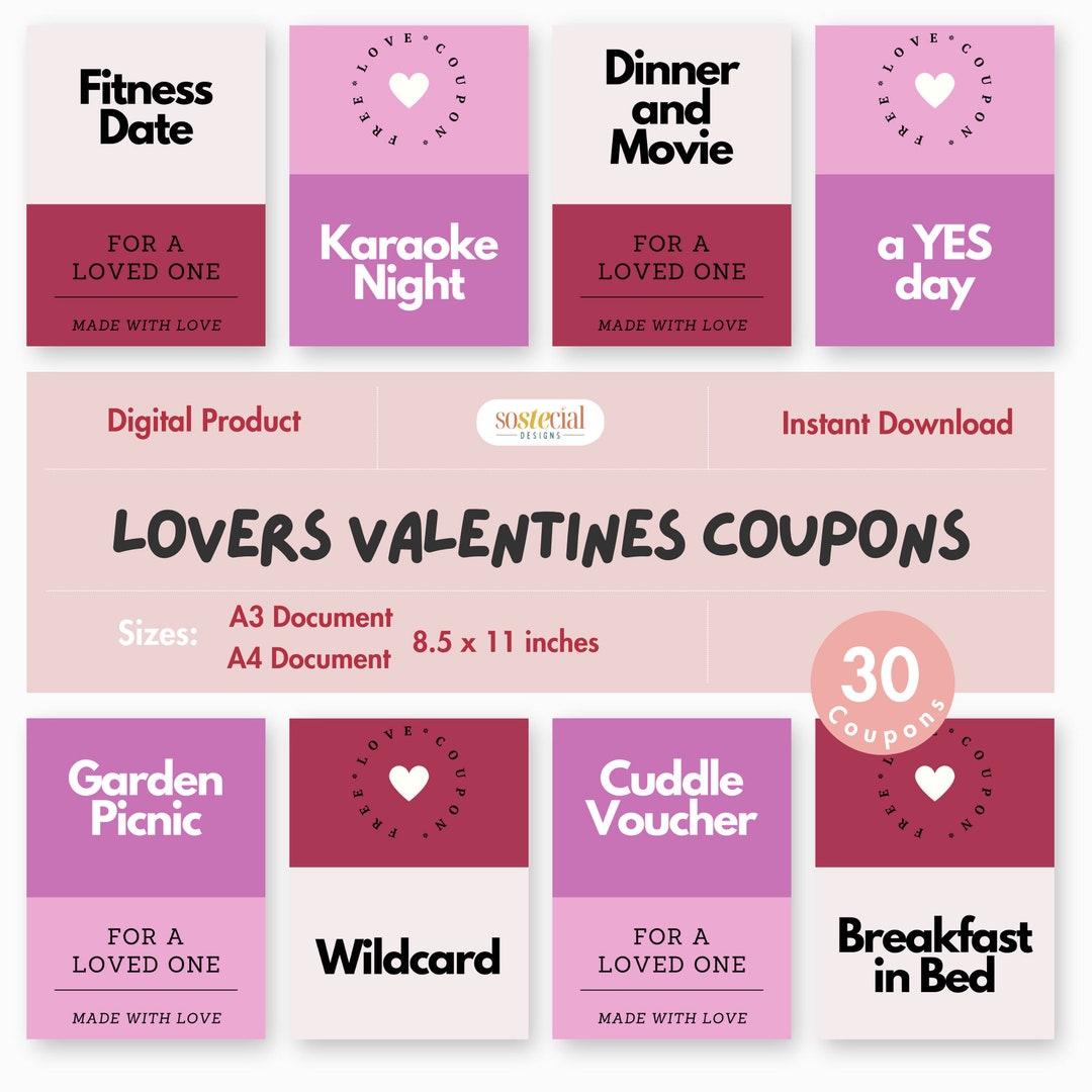 Valentines Lovers Coupons Printable, Romantic Coupons Gift for Him Gift for Her Instant Download