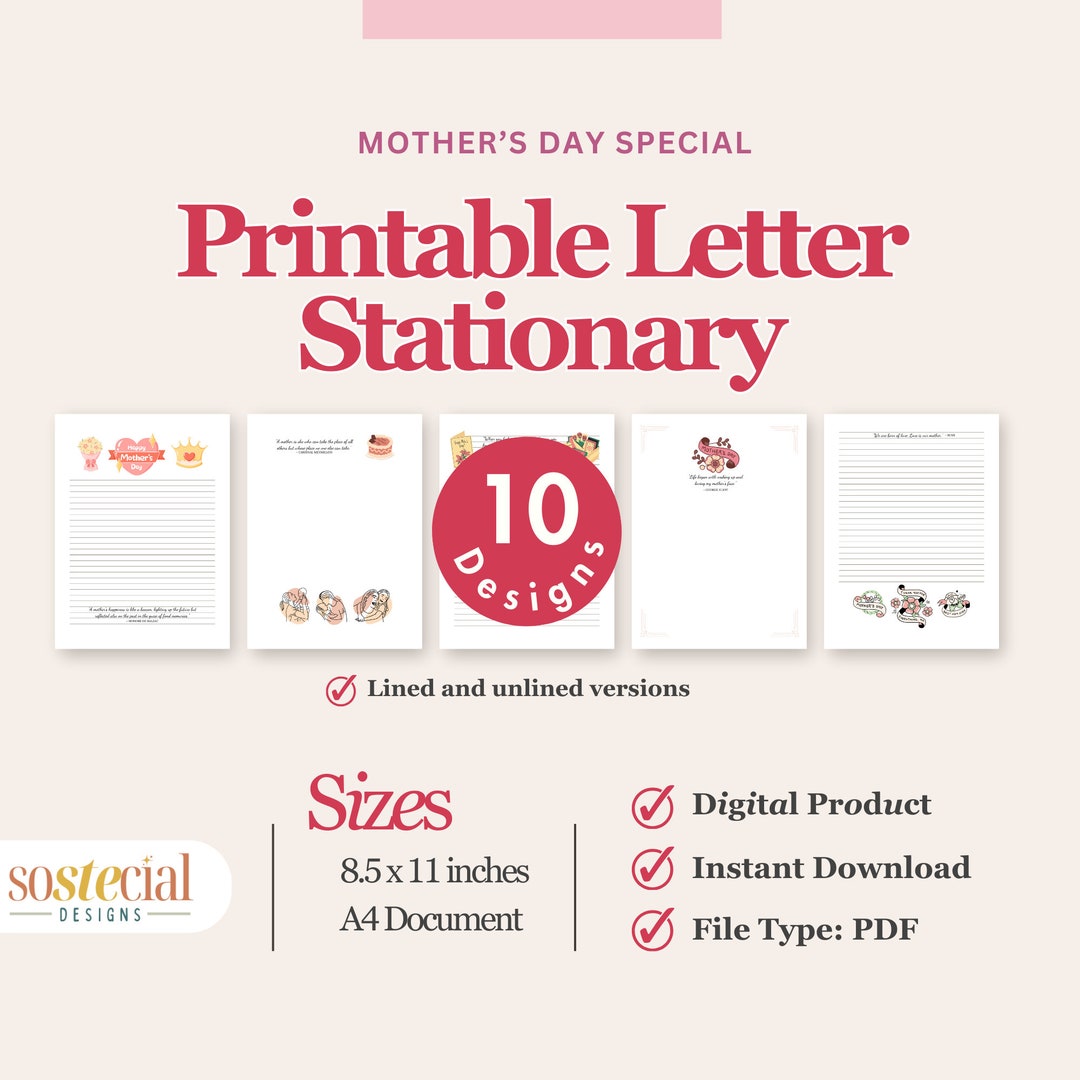 Elegant Mother's Day Stationary Set for Mom Digital Download Printable ...