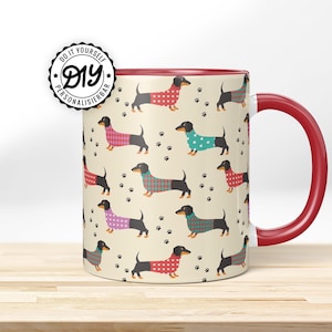 Teckel met trui » Mok met motief. Bedrukte koffiemok | Koffiekopje met een grappig teckelontwerp. Leuke mok, geweldig cadeau!
