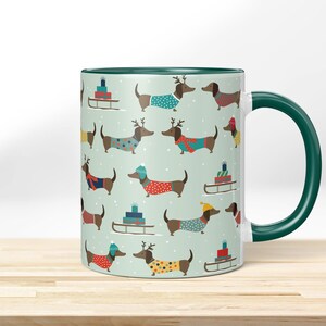 Christmas Dachshund Mug – Funny Dog Mug Gift Idea | Printed Coffee Mug with Dachshund Motif | Humorous Christmas Mug with Name Darkgreen