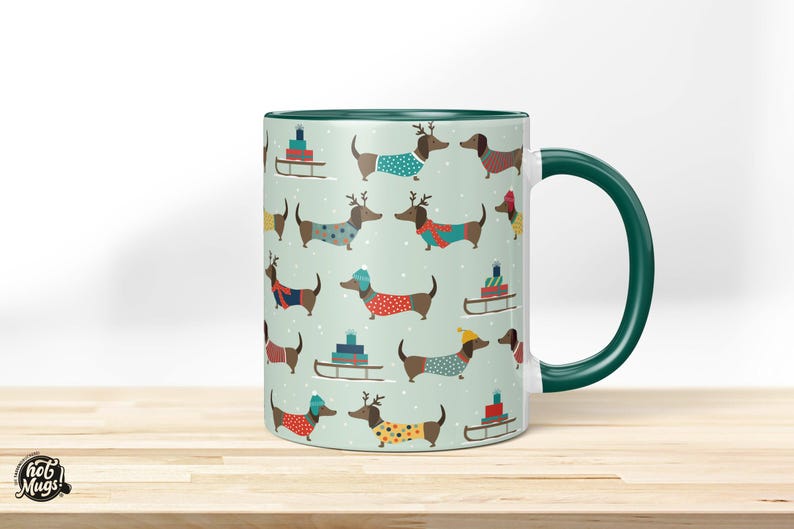 Christmas Dachshund Mug – Funny Dog Mug Gift Idea | Printed Coffee Mug with Dachshund Motif | Humorous Christmas Mug with Name Darkgreen