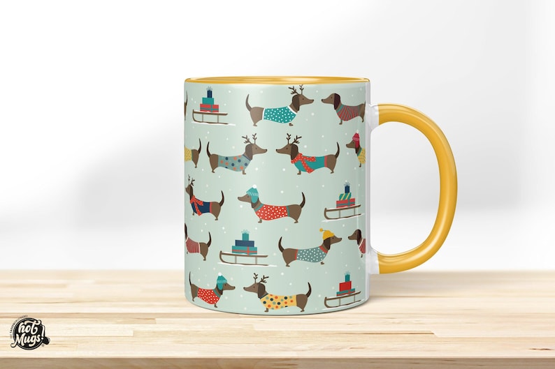 Christmas Dachshund Mug – Funny Dog Mug Gift Idea | Printed Coffee Mug with Dachshund Motif | Humorous Christmas Mug with Name Goldgelb