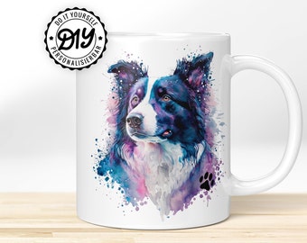 Geschenk für Hundeliebhaber » Border Collie im Wasserfarben-Stil. Hochwertige Hunde Tasse Personalisierbar mit Namen + Wunschtext!