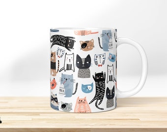 Tasse à motif Chats Doodle ». Tasse à café imprimée | Tasse à café imprimée avec amour avec un motif de chat - tasse de chat amusante, joli cadeau !