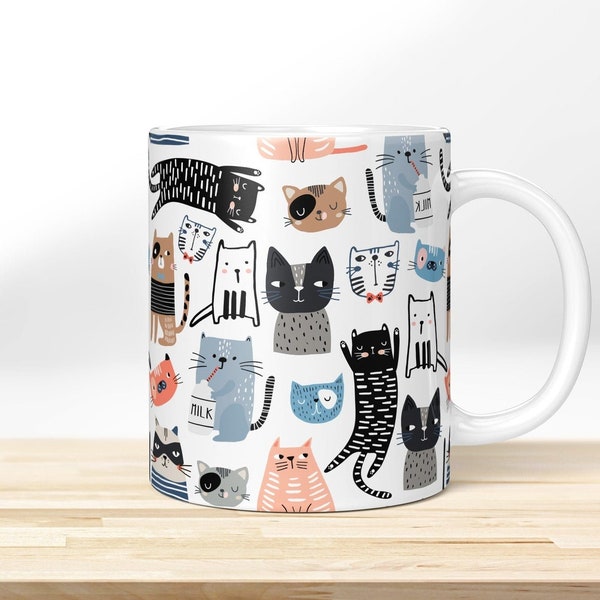 Cats Doodle » Motivtasse. Bedruckte Kaffeetasse | Kaffeebecher liebevoll bedruckt mit Katzen-Motiv – Lustige Katzen-Tasse, schönes Geschenk!