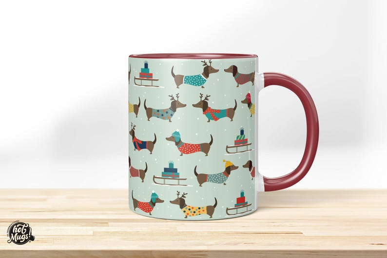 Christmas Dachshund Mug – Funny Dog Mug Gift Idea | Printed Coffee Mug with Dachshund Motif | Humorous Christmas Mug with Name Bordeaux