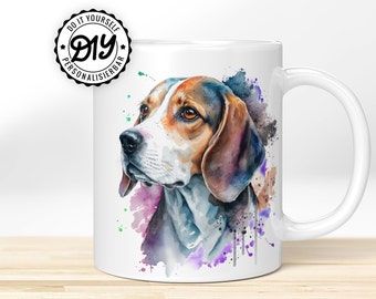 Geschenk für Hundeliebhaber » Beagle im Wasserfarben-Stil. Hochwertige Hunde Tasse Personalisierbar mit Namen + Wunschtext!