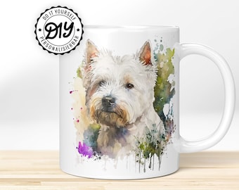 Geschenk für Hundeliebhaber » West Highland Terrier im Wasserfarben-Stil. Hochwertige Hunde Tasse Personalisierbar mit Namen + Wunschtext!