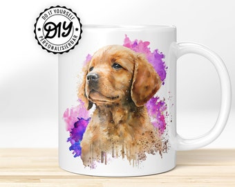 Geschenk für Hundeliebhaber » Golden-Retriever im Wasserfarben-Stil. Hochwertige Hunde Tasse Personalisierbar mit Namen + Wunschtext!
