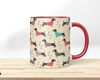 Bassotto con maglione » tazza con motivo. Tazza da caffè stampata | Tazza da caffè stampata con un divertente disegno di bassotto. Tazza divertente, bel regalo!