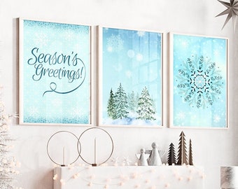 Christmas Wall Art Blue, Printable Digital, Set of 3 Snowflake Fir Tree Designs, Digital Décor, Festive Holiday Art Prints, Instant Download