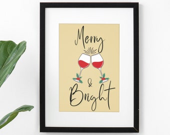 Christmas Wall Art Printable, Merry & Bright Xmas Celebration Design, Red Wine Design Digital Download, Xmas Decor, Contemporary Xmas Art
