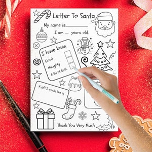 Carta a Santa para colorear Hoja de actividades navideñas, Hoja de trabajo imprimible, Actividad artesanal navideña para niños, Descarga digital de Santa, Preescolar