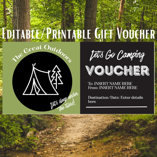 Personalised Camping Trip Gift Coupon Voucher, Instant Download, Editable Printable Surprise Activity Present, Custom Birthday Dad Gift