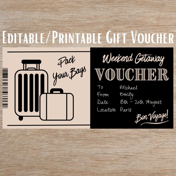 Personalised Weekend Getaway Gift Voucher Coupon, Weekend Away Travel Ticket Template, Instant Download, Editable Printable Surprise Present