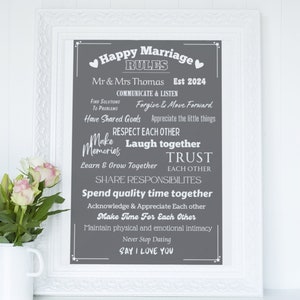 Reglas personalizadas de matrimonio feliz imprimibles, regalo de aniversario de boda, descarga digital, arte personalizado de la pared de la boda, recuerdo de consejos matrimoniales