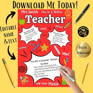 Personalised Thank You Teacher Appreciation Activity Sheet, Best Teacher End Of Year Present, Instant Download, Custom Children Kids Gift