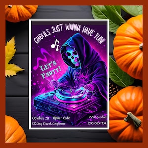 Ghouls Just Wanna Have Fun, Skeleton DJ Halloween Party Invitation, Digital Invite, Teenager Party, Student Event, Editable Instant Download
