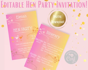 Hen Party Invitation Editable, Bachelorette Digital Invite Template, Hen Do Invitation, Personalised Hen Weekend Itinerary, Printable Mobile