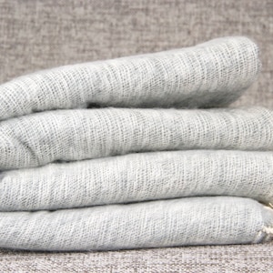 以下が含まれることがあります： 繊細な織り模様と白いフリンジが付いた、柔らかなグレーの毛布。毛布は3つ折りになっており、質感のある表面の上に置かれています。