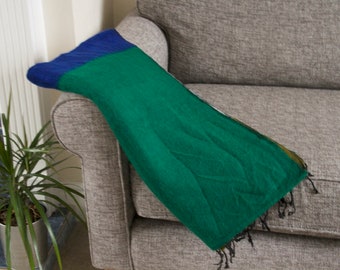 Handwoven Yak Wool Blanket: Green Stripe Throw, Ethical Himalayan Shawl
