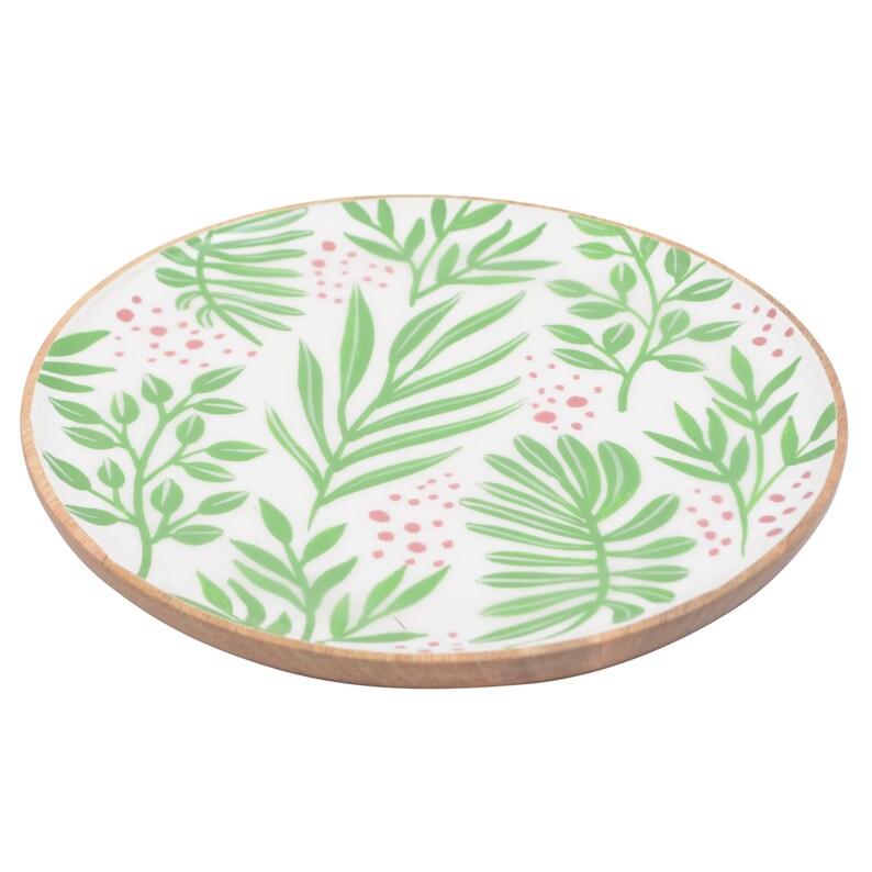 Foresthaven Handmade Wooden Serving Plate with Enamel Round Wooden Serving Plate, Wood Board for Food White & Green, 15x15x1.5 cm image 4