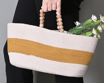 Yellow Striped Cotton Hand Bags with Wooden Beads Handles (Set of 2) for women, straw bags, beach bags, summer woven bags, wedding gifts