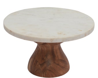 Foresthaven Hand Crafted Luxurious Cake Stand with Marble Top & Wooden Base for Desserts | Handmade Marble Wooden Rustic Cake Stand