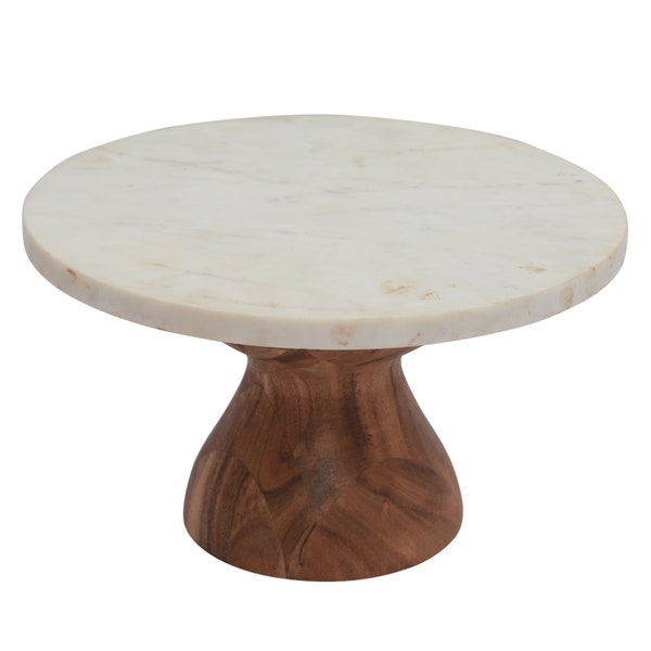 Foresthaven Hand Crafted Luxurious Cake Stand with Marble Top & Wooden Base for Desserts | Handmade Marble Wooden Rustic Cake Stand