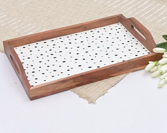 Foresthaven Handmade Wooden Rectangular Matte Finish Tray with Handles, Serving Tray For Tea & Coffee