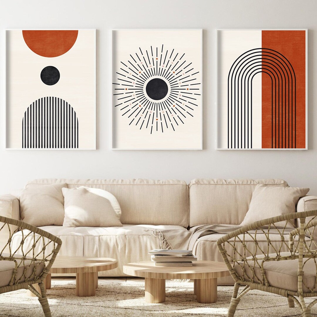 Mid Century Wall Art Set of 3 Prints, Rust Boho Style Digital Artwork ...