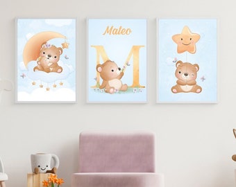 Conjunto de 3 láminas con diseño de osito personalizado para bebé. Arte de pared de guardería. Decoración dormitorio. Cuadros bebés y niños