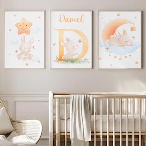 Set of personalized printable rabbit children&#39;s sheets. Baby and children&#39;s bedroom decoration. Personalized children&#39;s art painting
