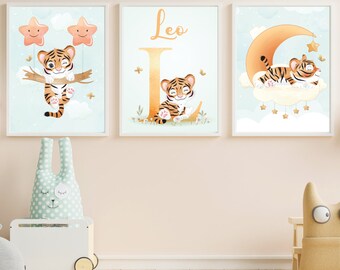 Set de 3 láminas decorativas infantiles personalizadas con nombre. Arte de pared de guardería. Decoración dormitorio. Cuadros bebés y niños