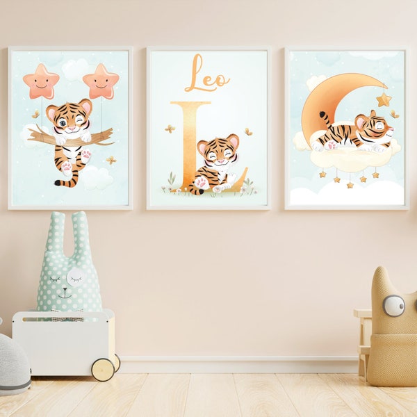 Set de 3 láminas decorativas infantiles personalizadas con nombre. Arte de pared de guardería. Decoración dormitorio. Cuadros bebés y niños