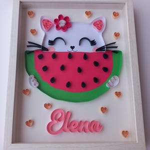 Dipinto personalizzato per neonati e bambini Gatto realizzato con la tecnica del quilling. Stampa personalizzata per bambini. Decorazione della cameretta dei bambini. Regalo per ragazza