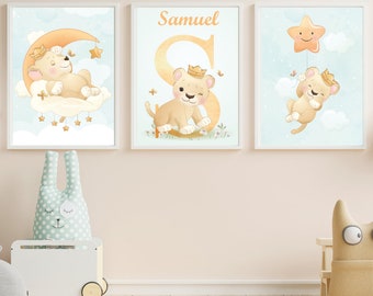 Conjunto de 3 láminas con diseño de león personalizado para bebé. Arte de pared de guardería. Decoración dormitorio. Cuadros bebés y niños